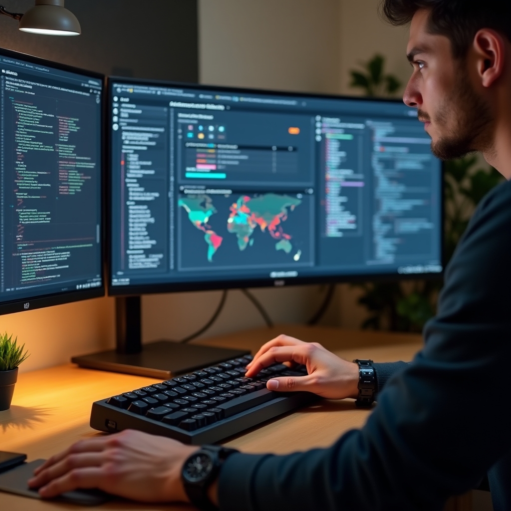 Přehled nástrojů a technologického stacku na monitoru v kanceláři